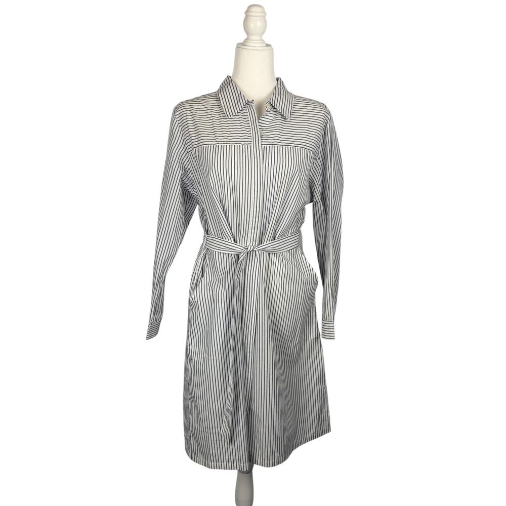 NEEDHAM LANE Womens Blue White Pinstripe Shirt Dress L Midi 100% Cotton Classic